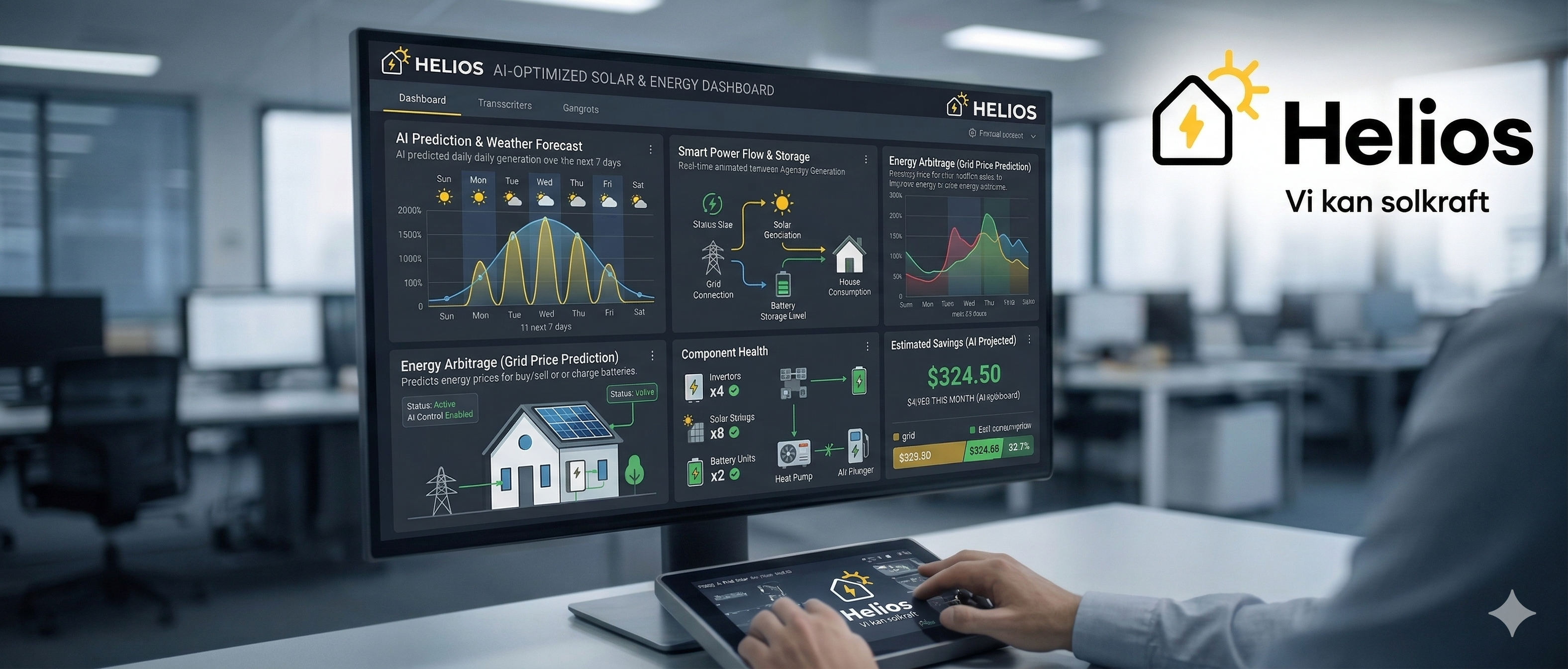 AI-styrd energidashboard med prognoser, lagring och besparingsdata