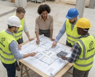 Projektgrupp som går igenom ritningar inför totalentreprenad